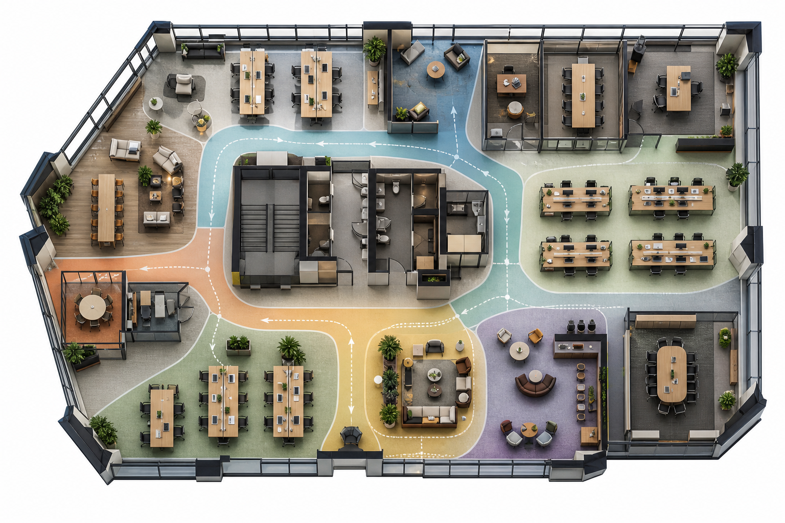 Sievedynis workspace activity zones marked on an office floor plan
